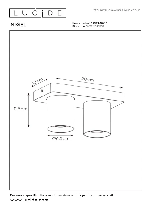 Lucide NIGEL - Plafondspot - LED Dim to warm - GU10 - 2x5W 2200K/3000K - Zwart - technisch